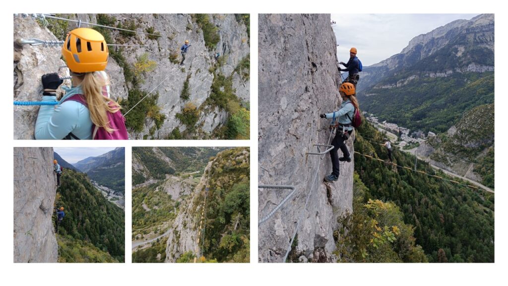 En la imagen se pueden apreciar a varias personas en la vía ferrata Pared de Iserías en Canfranc. La vía ferrata más próxima a Jaca.