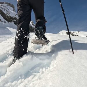 Excursionista camina con sus raquetas de nieve por el valle de Tena