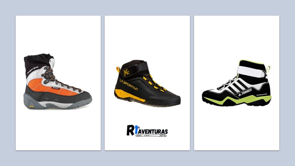 En la imagen se pueden apreciar tres de las marcas más utilizadas de calzado para barranquismo. Las Adidas Terrex Hydro, las Bestard Canyon Guide y las Sportiva TX Canyon